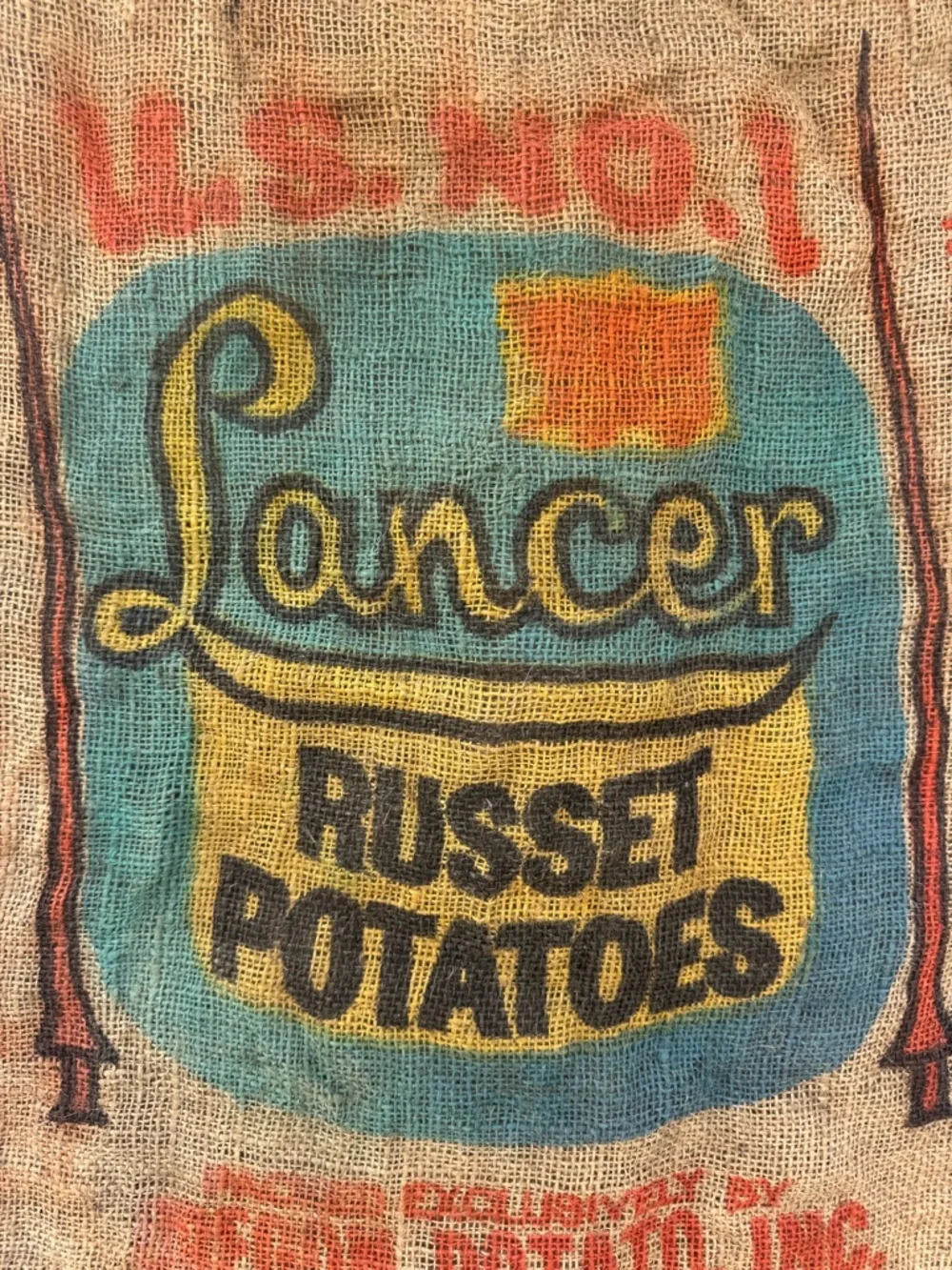 Vintage Lancer Russet Potato Burlap Sack – Colorful Farm Print | Rustic Decor